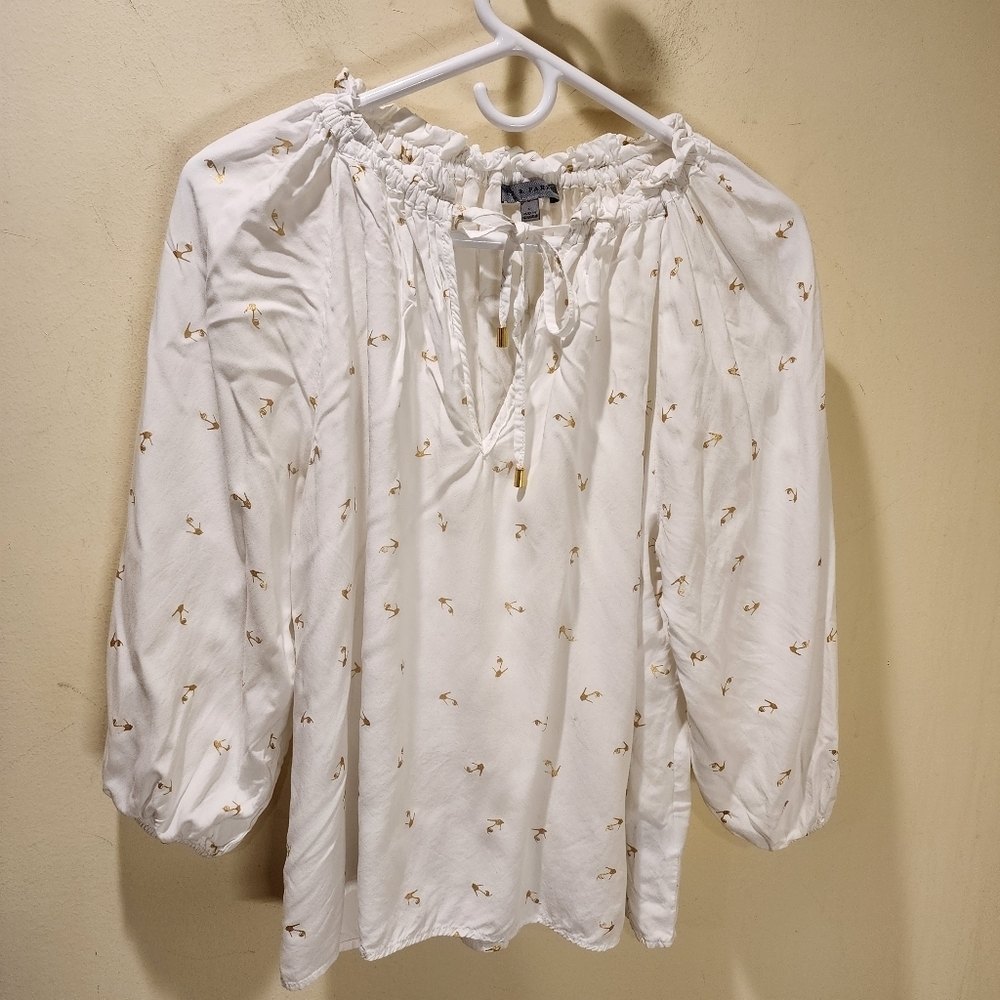 Alex and Parker Withe with Golden Shoes Tie Neck Boho Blouse size L